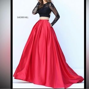 Sherri Hill Red & Black Lace Two Piece Dress Size 2